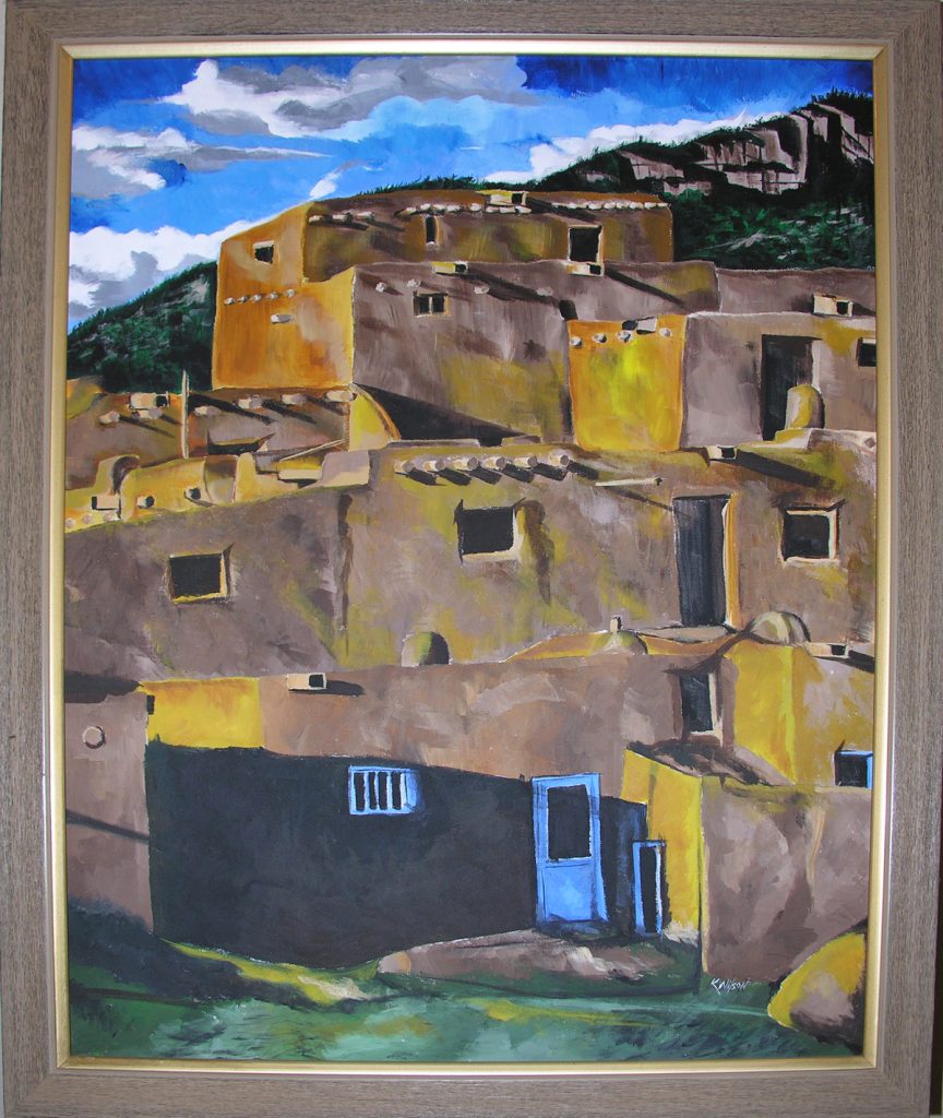 Taos Pueblo, acrylic on canvas, 42”x53”